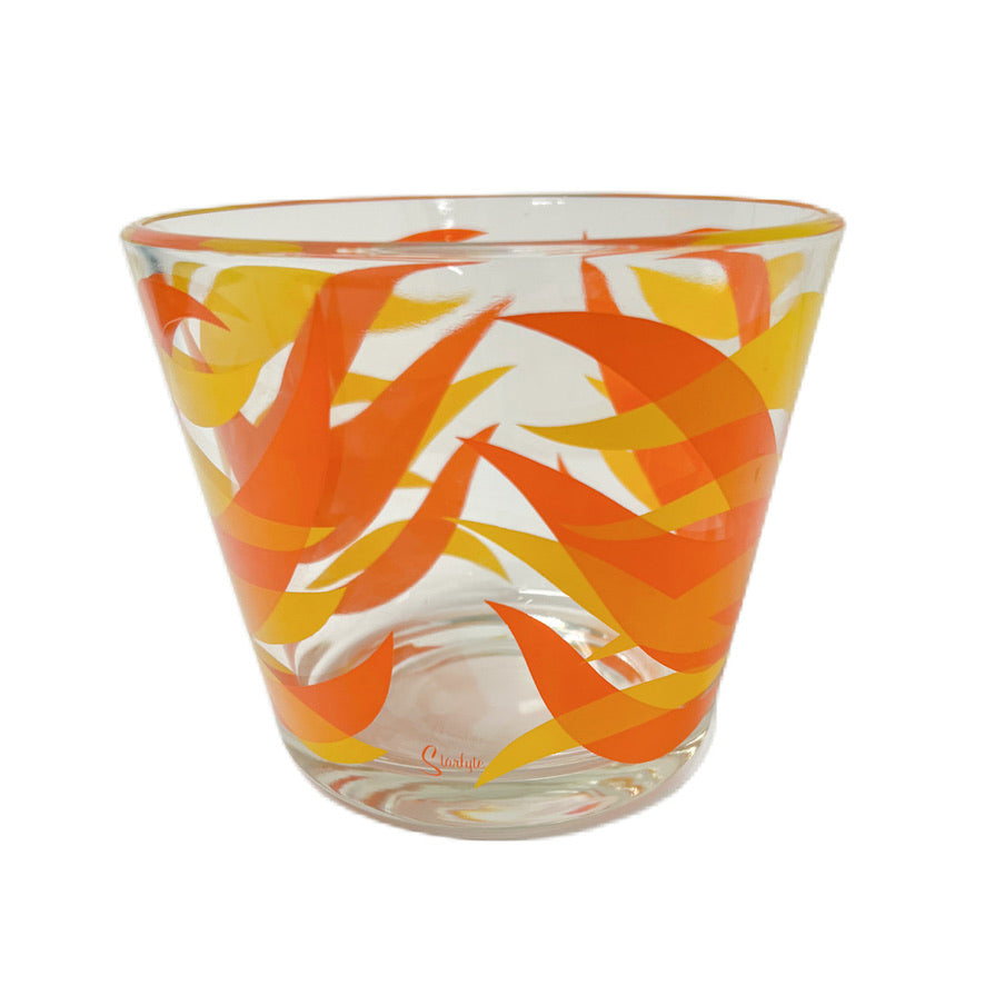 (19908) Set of Six Midcentury Starlyte Orange Tumblers And Ice Bowl In Rack