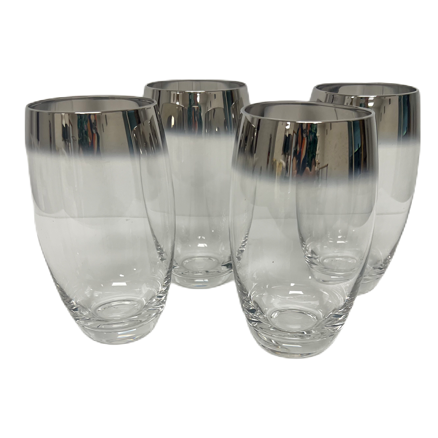 (23754) Set of Four Midcentury Bulbous Silver Banded Glasses