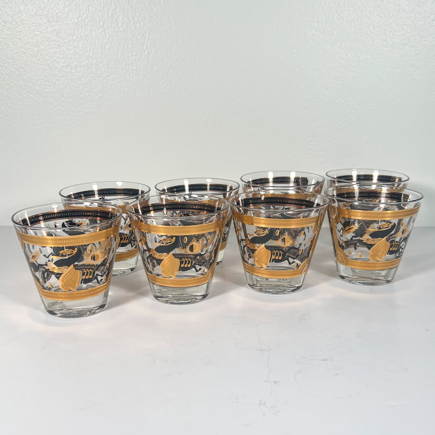 (24794) Set of Eight Black and Gold Fred Press Horse Rocks Glasses