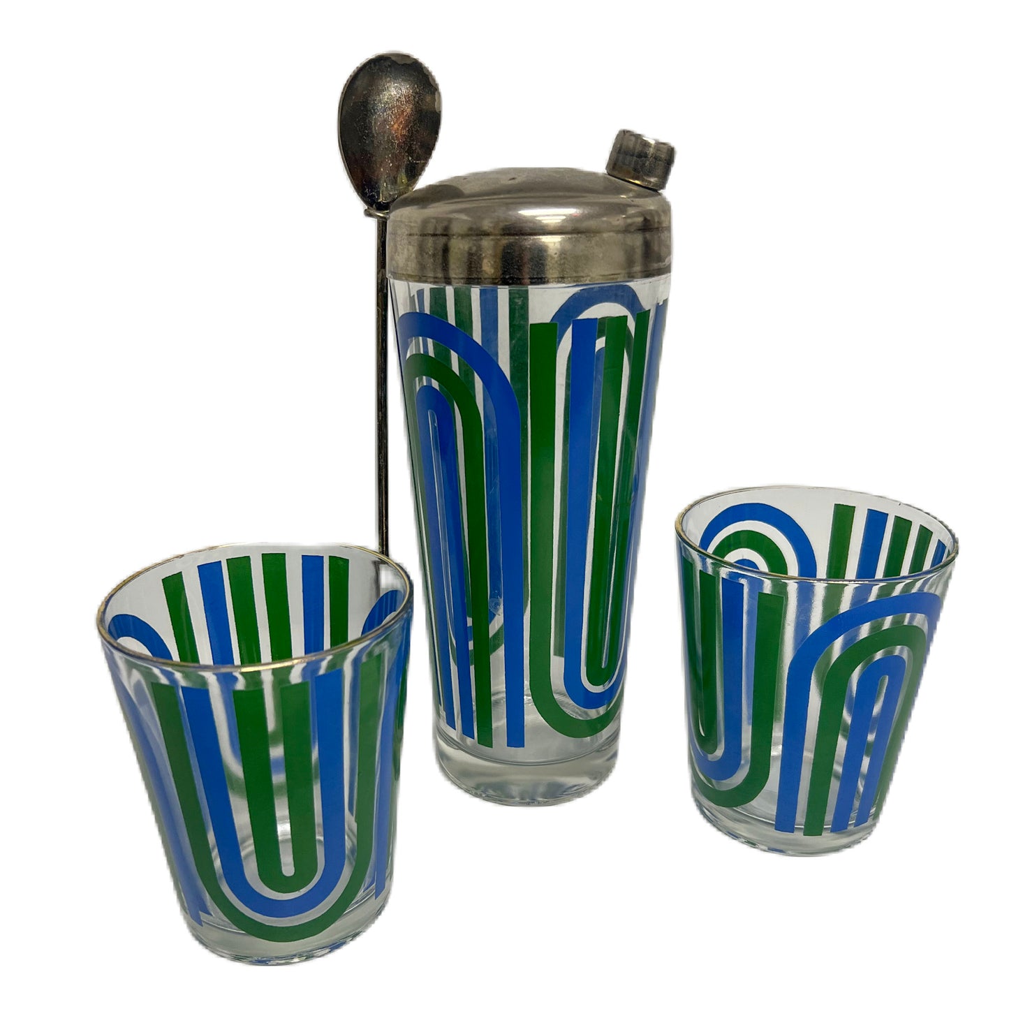 (23961) Blue Green Swirl Shaker with Two Old Fashioneds ca. 1970's