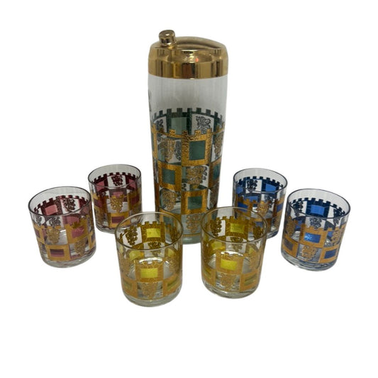 (23908) Multi Colored Culver Coat of Arms Shaker and Six Glasses