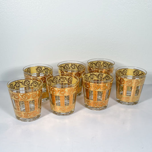 (24734) Set of Seven Gold Scroll Midcentury Sipping Glasses