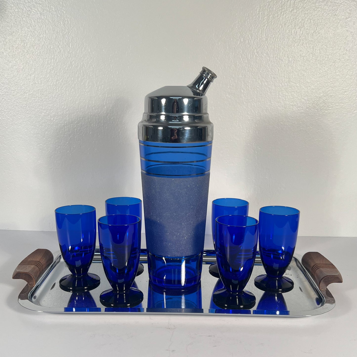 (24812) Cobalt Art Deco Shaker, Tray and Six Footed Glasses