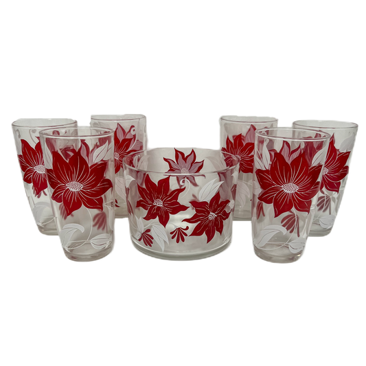 (23677) Set of Six Hazel Atlas Poinsettia Tumblers Plus Ice Bucket