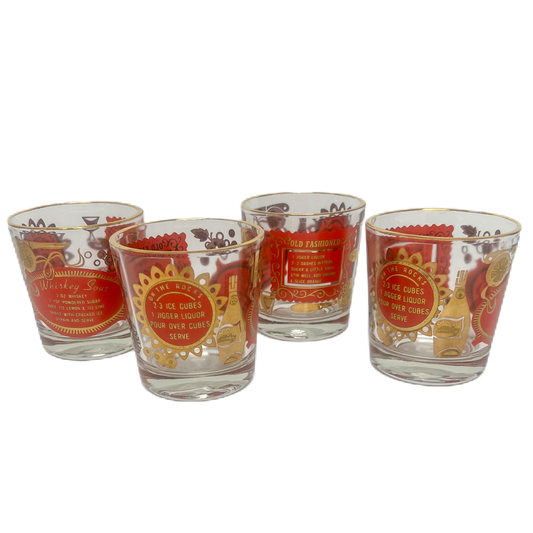 (23722) Set of Four Midcentury Red and Gold Recipe Rocks Glasses