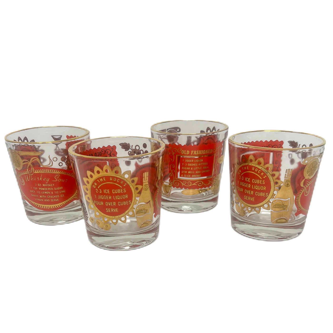 (23722) Set of Four Midcentury Red and Gold Recipe Rocks Glasses