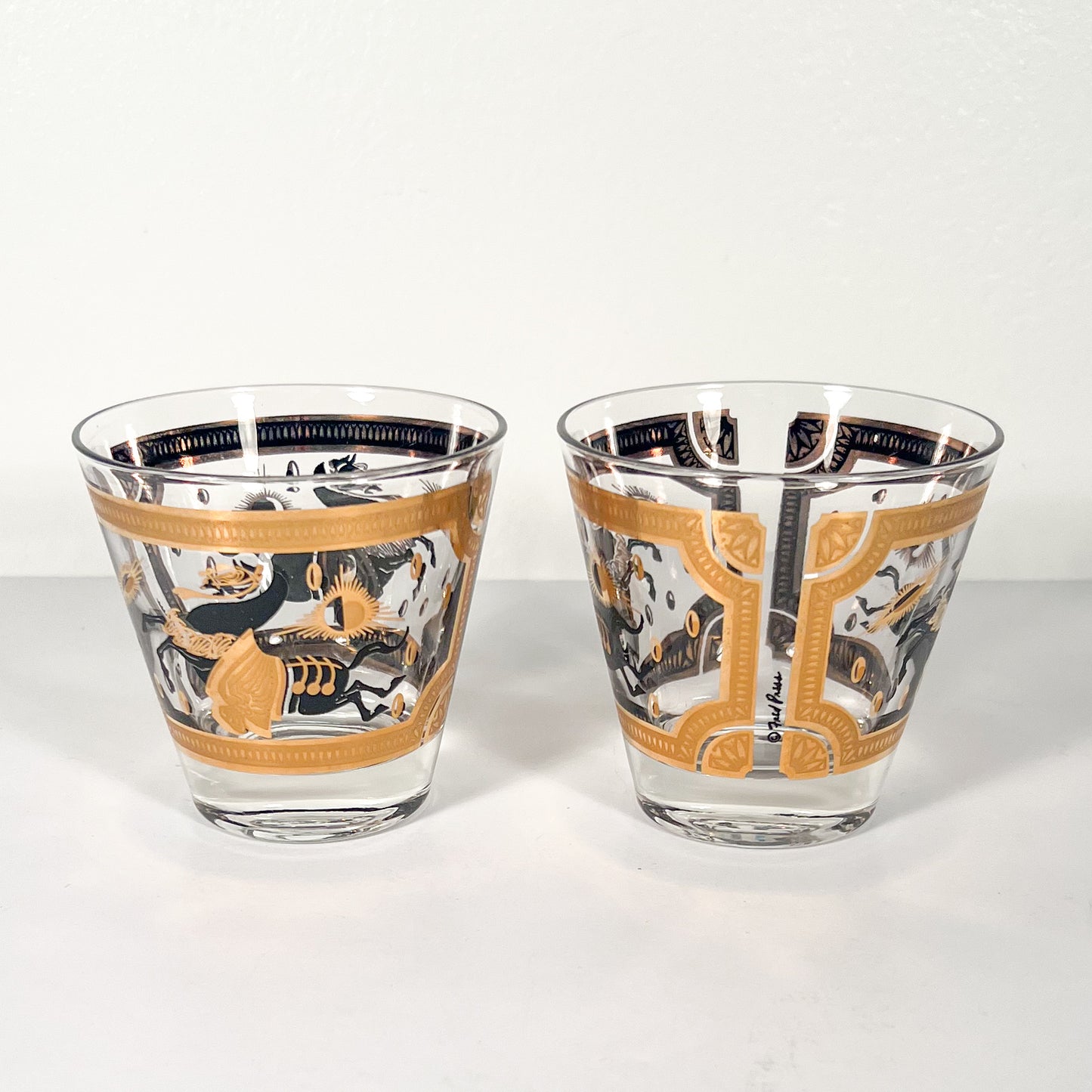 (24794) Set of Eight Black and Gold Fred Press Horse Rocks Glasses