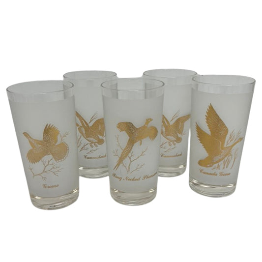 (23764) Set of Five Vintage Game Bird Tumblers with Gold Design