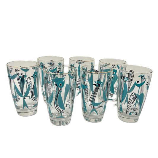 (23098) Set of Seven Midcentury Dyball Abstract Bird Glasses