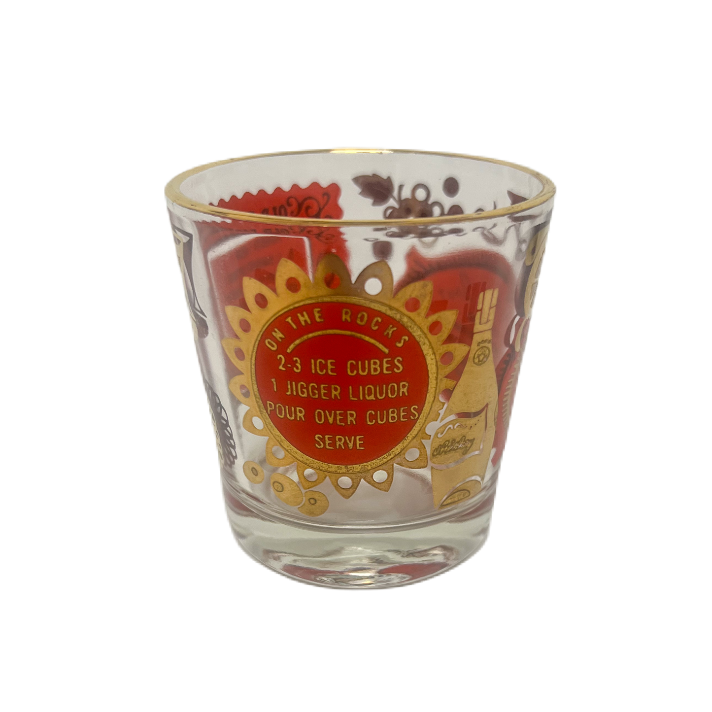 (23722) Set of Four Midcentury Red and Gold Recipe Rocks Glasses