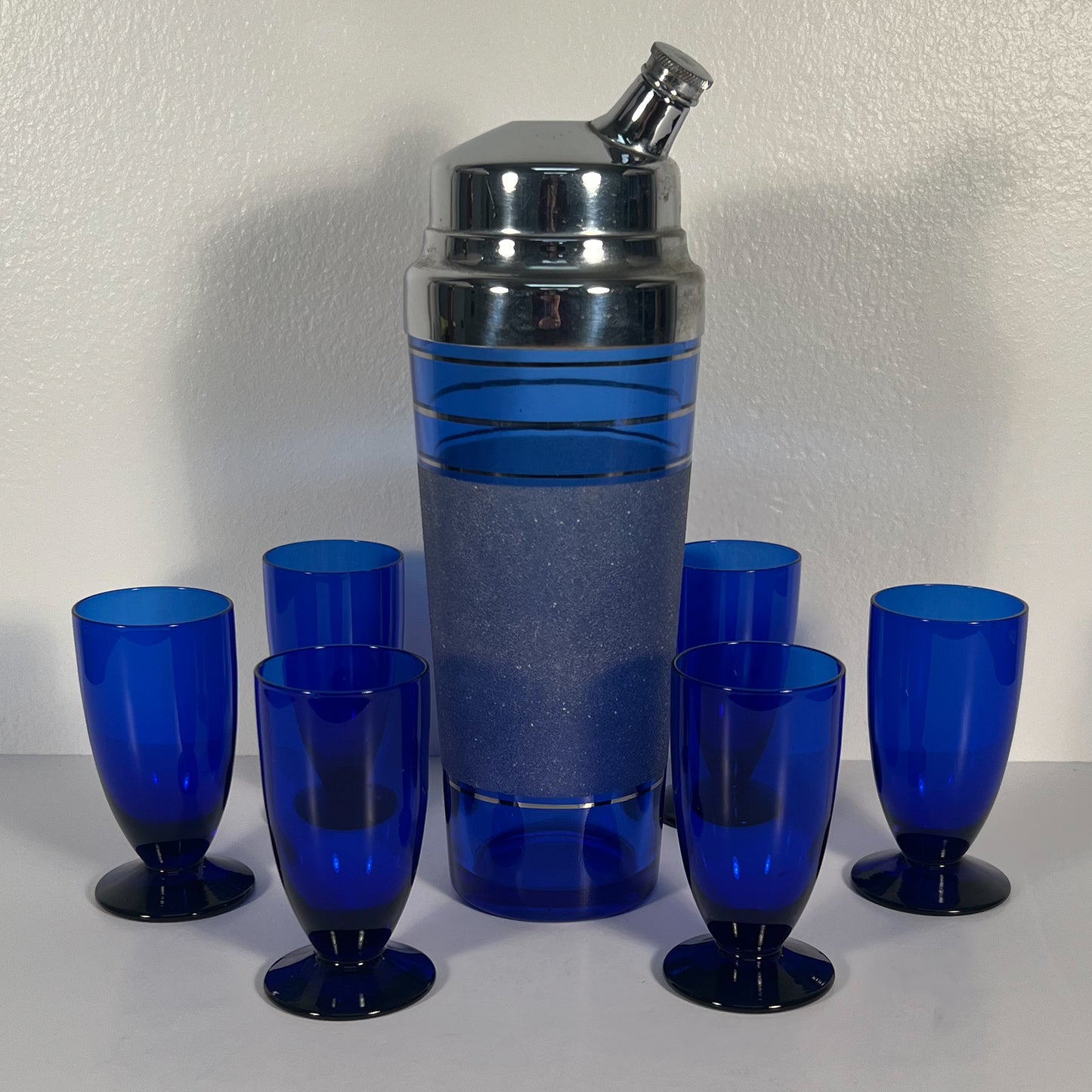 (24812) Cobalt Art Deco Shaker, Tray and Six Footed Glasses