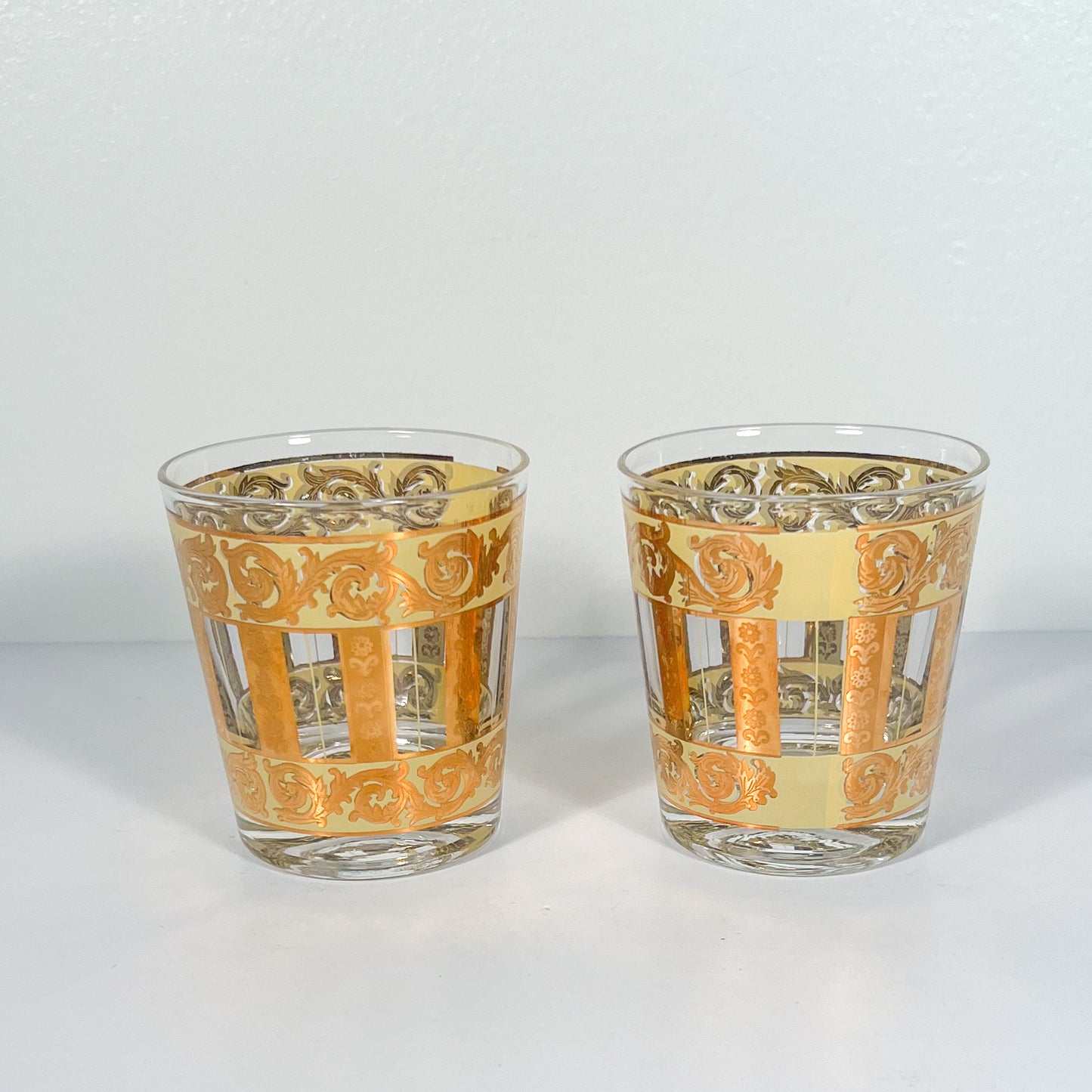 (24734) Set of Seven Gold Scroll Midcentury Sipping Glasses