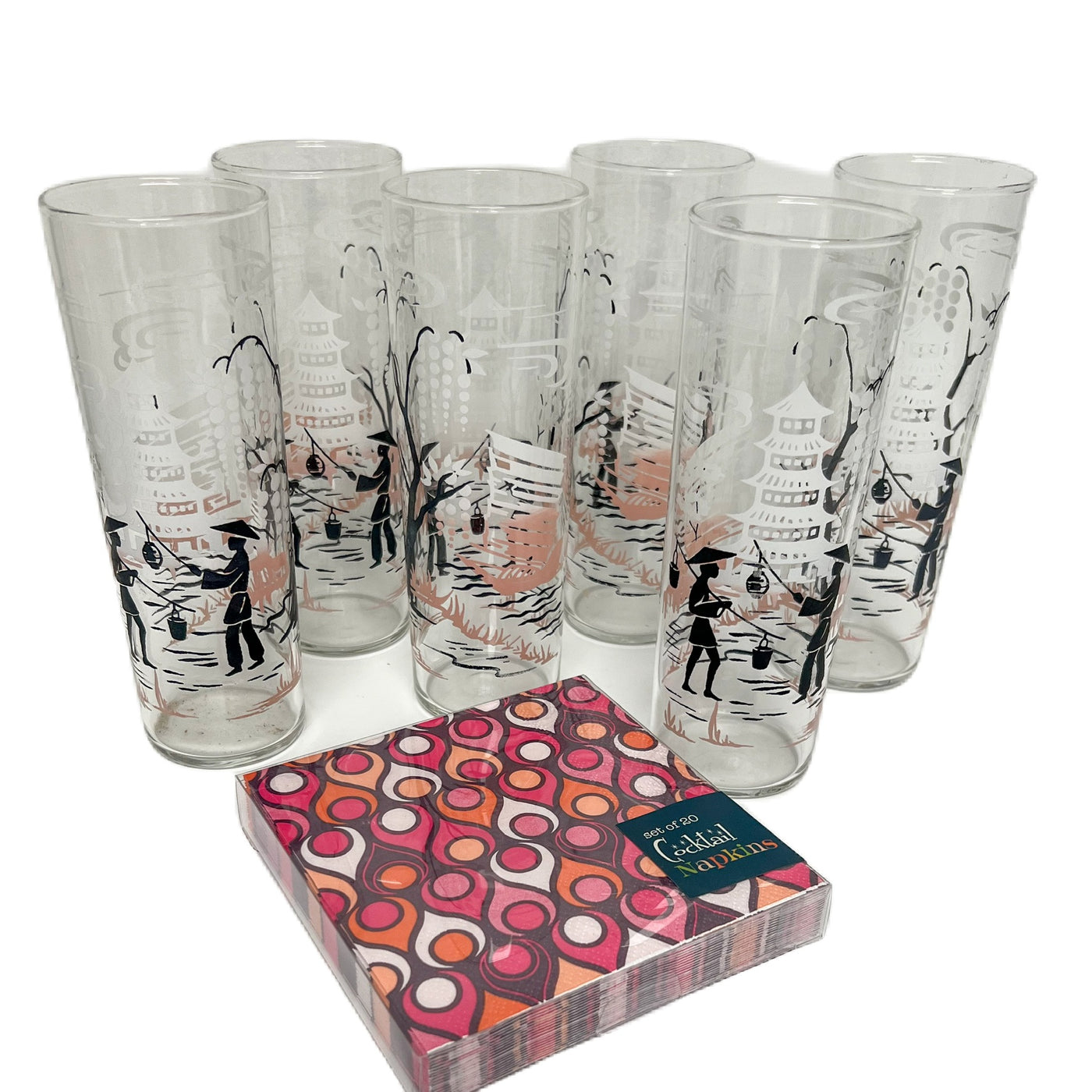 (23335) Set of Six Pink and Black Asian Themed Collins Glasses