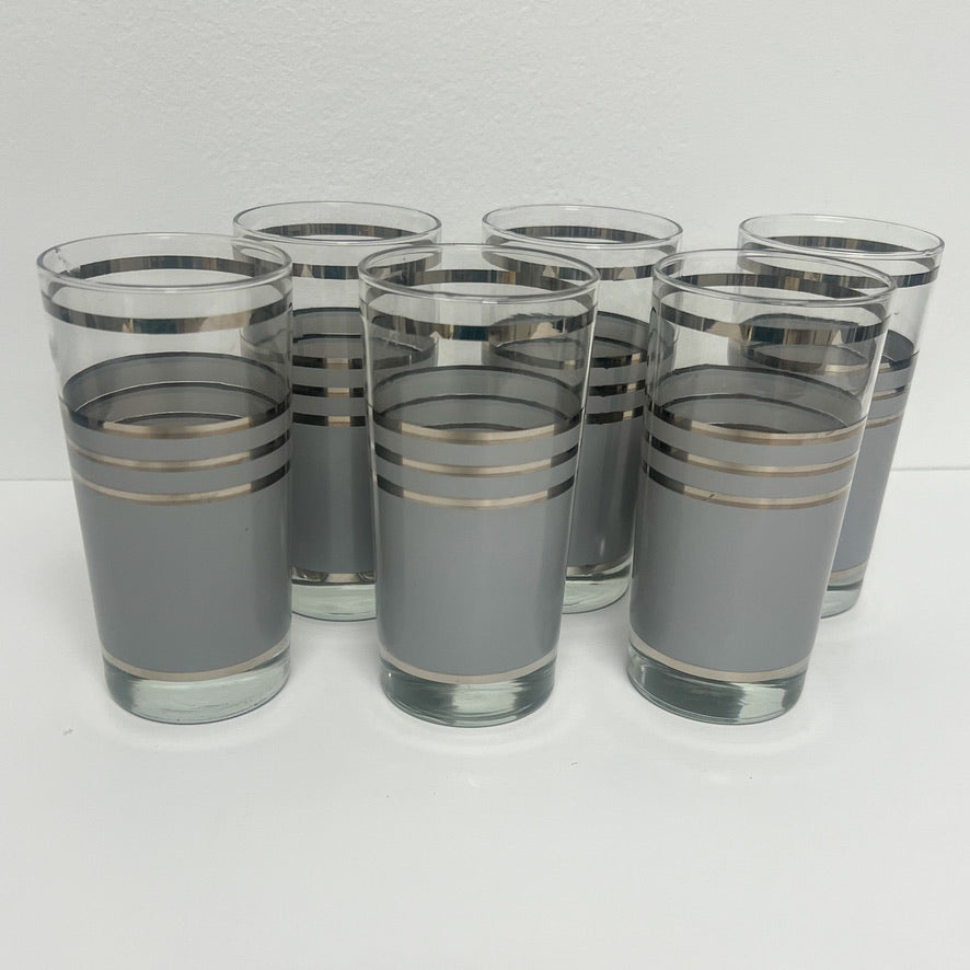 (23704) Set of Midcentury Six Silver Striped Highballs