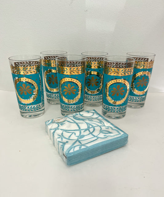 (21647) Set of Six Midcentury Gold & Teal Tumblers