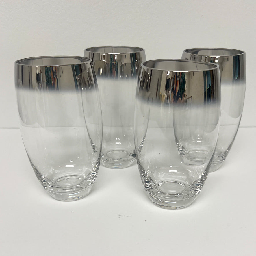 (23754) Set of Four Midcentury Bulbous Silver Banded Glasses