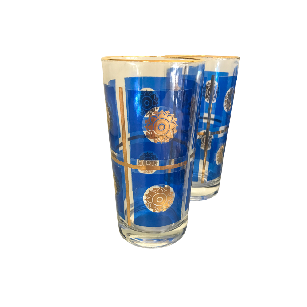 (19759) Set Of Eight Bright Blue Medallion Midcentury Glasses